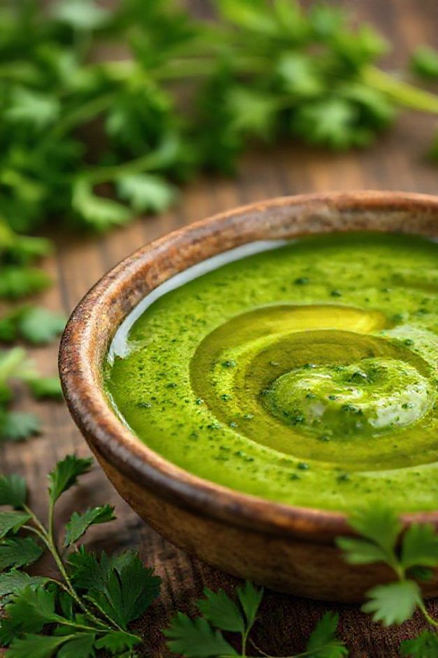 Molho verde ingredientes frescos em tigela cerâmica com azeite dourado e ervas aromáticas, textura cremosa e vibrante