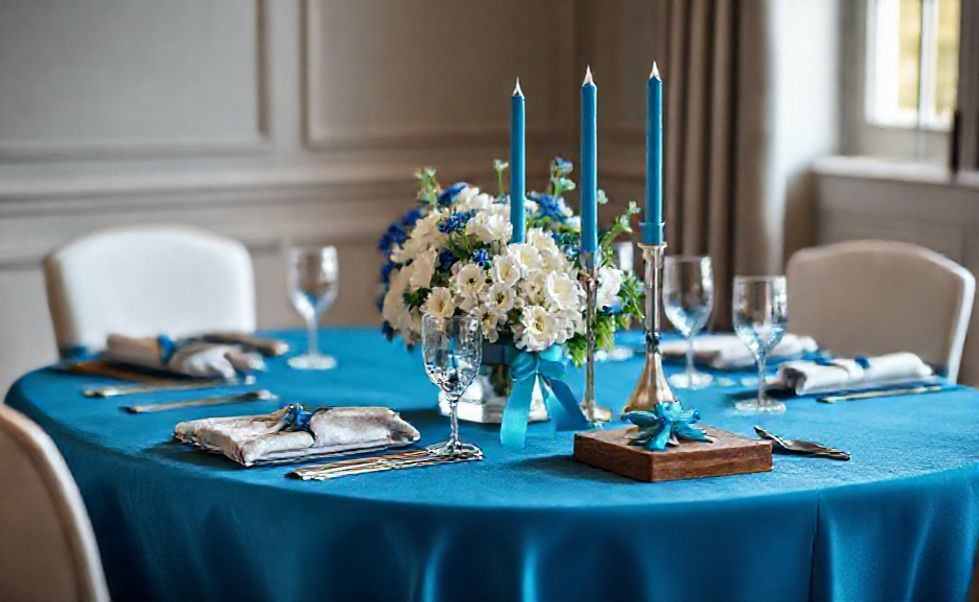 Mesa decorada para Novembro Azul Decoração com toalha azul royal, centro de mesa com flores brancas e azuis, velas altas e elementos masculinos elegantes