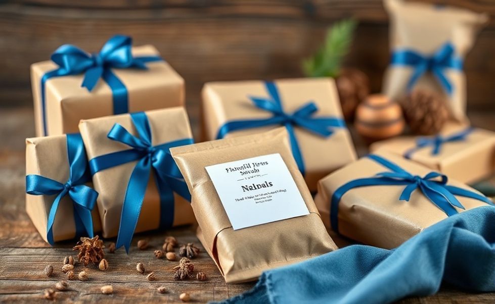 Novembro Azul Ideias Lembrancinhas - pacotes azuis em papel craft com fitas, mostrando saquinhos naturais com ervas e sementes para conscientização sobre saúde masculina