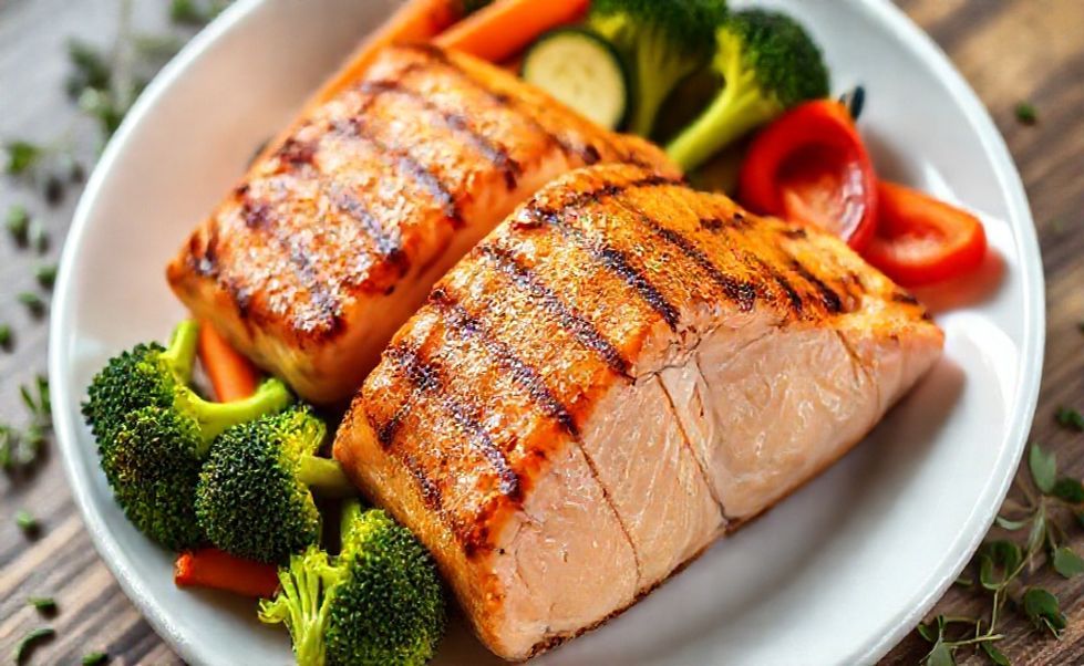 Prato de Novembro Azul com salmão grelhado acompanhado de vegetais coloridos e molho de gengibre, apresentação gourmet e saudável