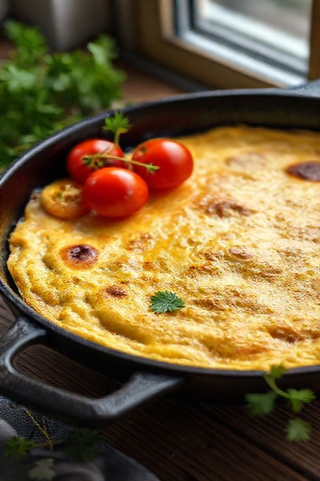 Omelete com farinha de trigo no liquidificador dourado e fofo em frigideira, decorado com salsa e tomate cereja, textura macia e convidativa