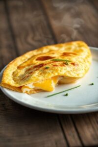 Omelete ingredientes dourado e cremoso recheado com queijo derretido, decorado com cebolinha fresca em prato branco sobre mesa rústica