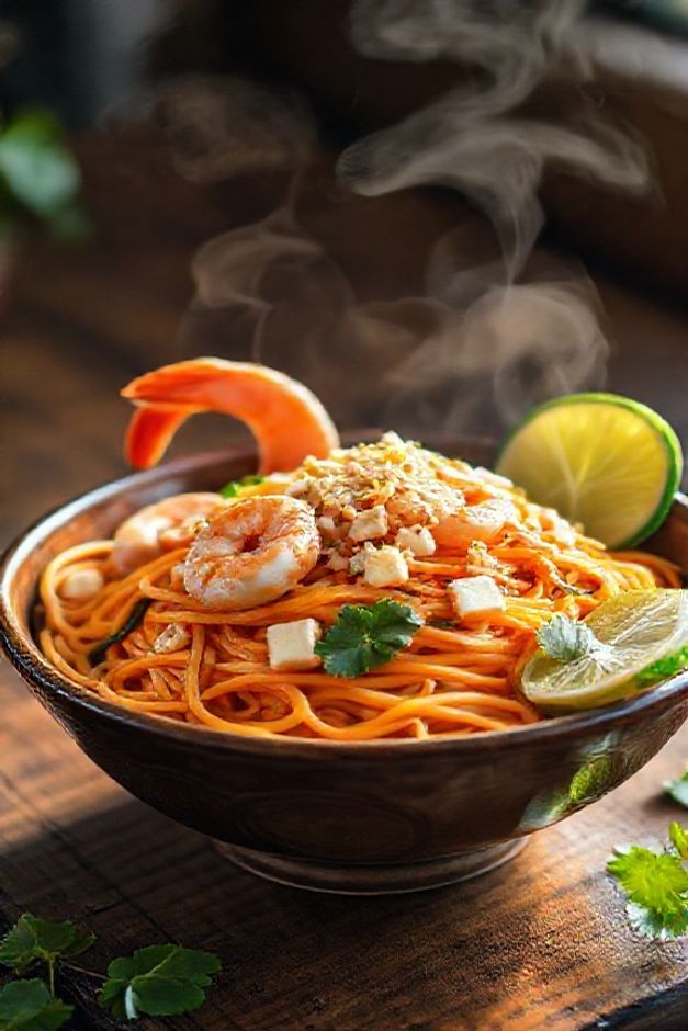 Prato de Pad Thai tailandês com macarrão de arroz laranja, camarões rosados, tofu dourado, brotos de feijão e amendoim triturado, decorado com limão e coentro fresco