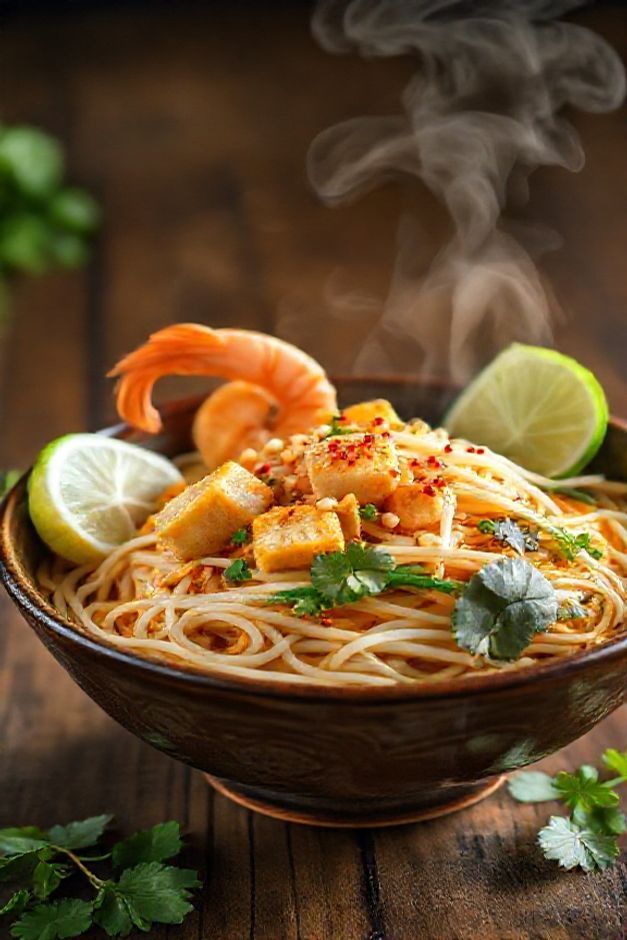 Prato de Pad Thai tailandês com macarrão de arroz, tofu dourado, amendoim triturado e limão, cores vibrantes e textura apetitosa