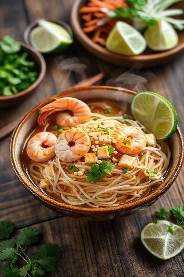 Prato de Pad Thai Noodles tailandês com camarões, tofu, brotos de feijão e amendoim em bowl cerâmico, cores vibrantes e texturas variadas