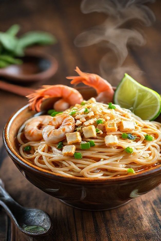 Pad thai quiz servido em tigela com macarrão de arroz, camarões, tofu e amendoim, decorado com limão e cebolinha