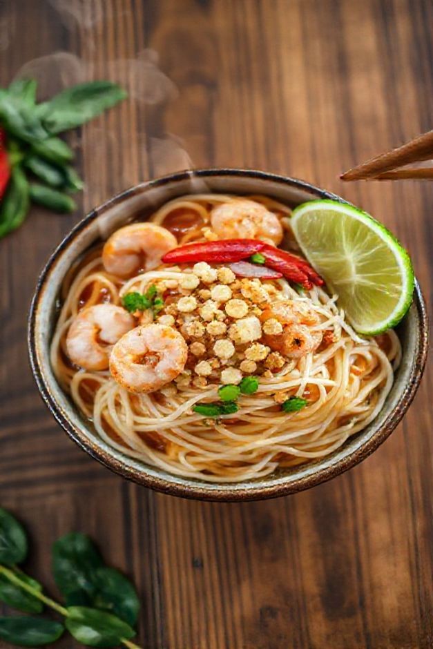 Pad thai recipe tradicional com macarrão de arroz, camarões, tofu e amendoim em bowl cerâmico, decorado com limão e pimenta