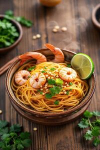 Pad thai restaurant tradicional servido em tigela cerâmica com camarões, macarrão dourado, amendoim e coentro fresco