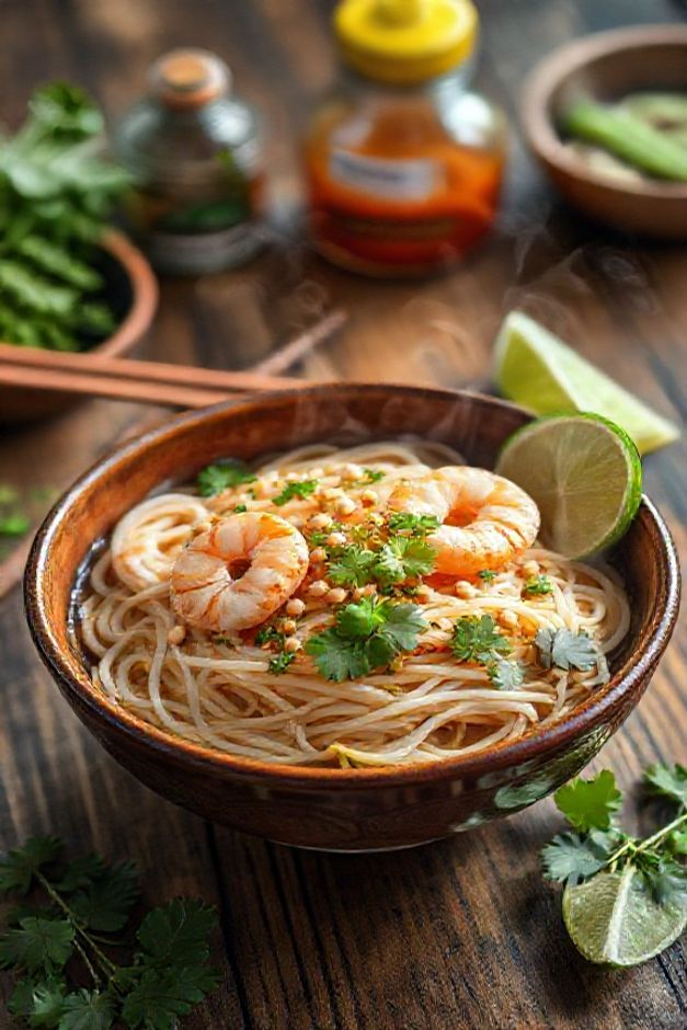 Prato de Pad Thai tradicional tailandês com macarrão de arroz, camarões rosados, broto de feijão crocante e amendoim triturado, decorado com coentro fresco e fatias de limão