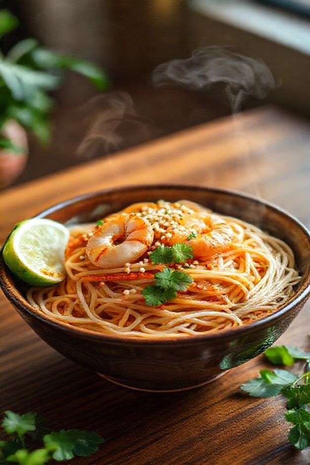 Pad Thai tradicional - comida tailandesa com macarrão de arroz, camarões suculentos, amendoim crocante e molho tamarindo em bowl cerâmico