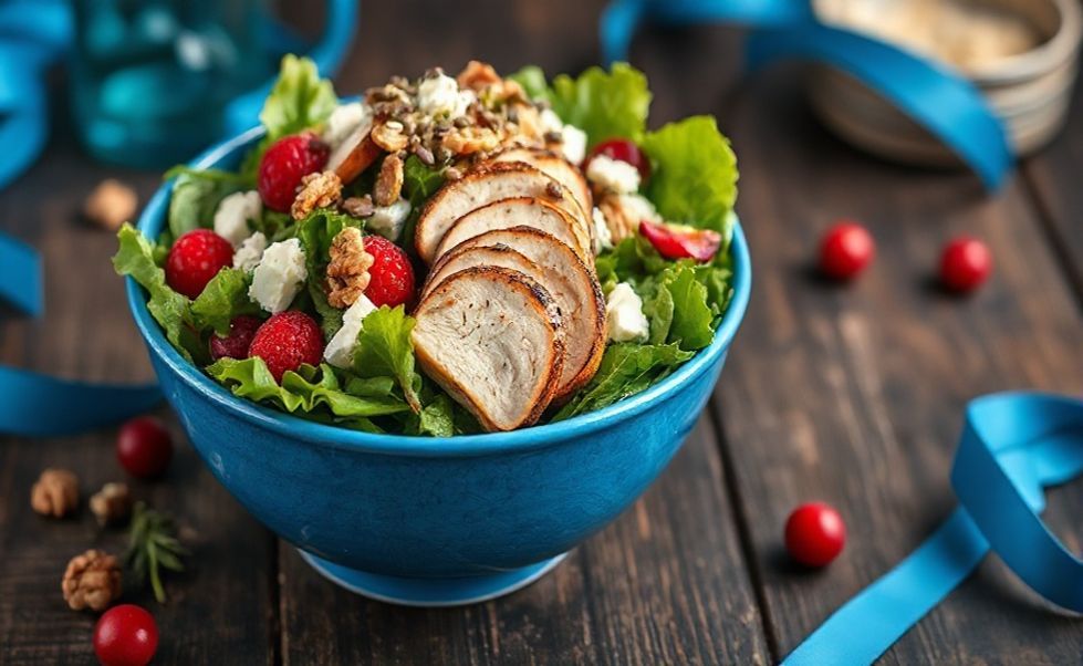 Painel Novembro Azul - salada colorida com folhas verdes, frutas vermelhas, frango grelhado, nozes e queijo feta em uma tigela azul