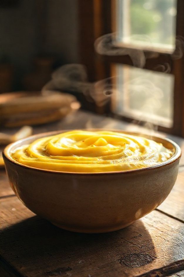 Pamonha de liquidificador 4 ingredientes cremosa e dourada servida em tigela rústica, textura suave do milho fresco preparado tradicionalmente