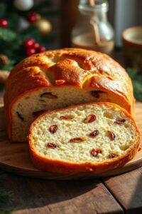 Panetone caseiro recém-assado com crosta dourada, fatia aberta mostrando massa macia repleta de frutas cristalizadas coloridas em mesa rústica decorada para Natal
