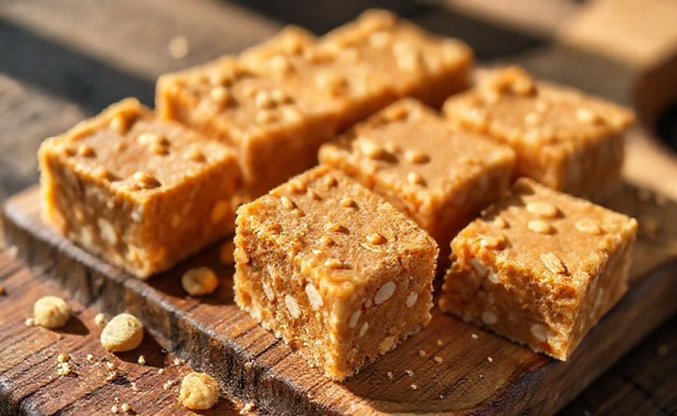 Paçoca tradicional brasileira feita com ingredientes da paçoca - amendoim triturado com açúcar formando quadrados dourados e crocantes sobre tábua de madeira