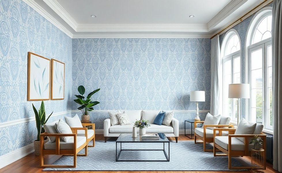 Ambiente decorado com papel de parede azul e branco em padrão geométrico elegante, criando atmosfera sofisticada e moderna