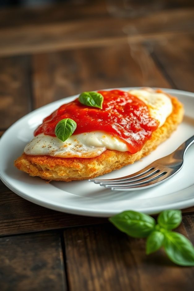 Parmegiana ingredientes tradicional com carne empanada dourada, queijo derretido e molho de tomate caseiro servida em prato branco