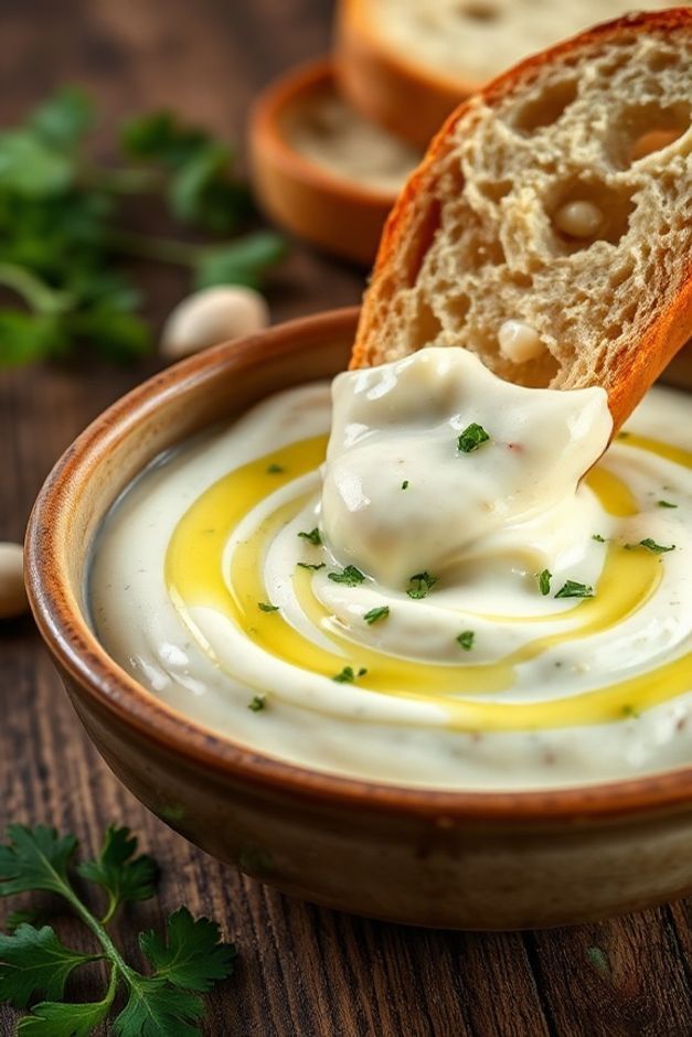 Pasta de alho simples cremosa em tigela de cerâmica com azeite dourado e salsinha fresca, acompanhada de pão rústico