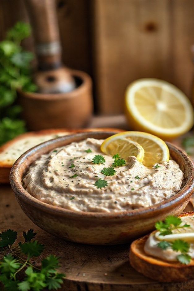 Patê de frango ingredientes cremosos servido em tigela rústica com pães torrados e decoração de salsinha fresca