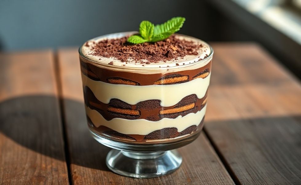 Pavê de chocolate cremoso em camadas perfeitas, mostrando ingredientes para pavê bem equilibrados com cobertura de raspas de chocolate
