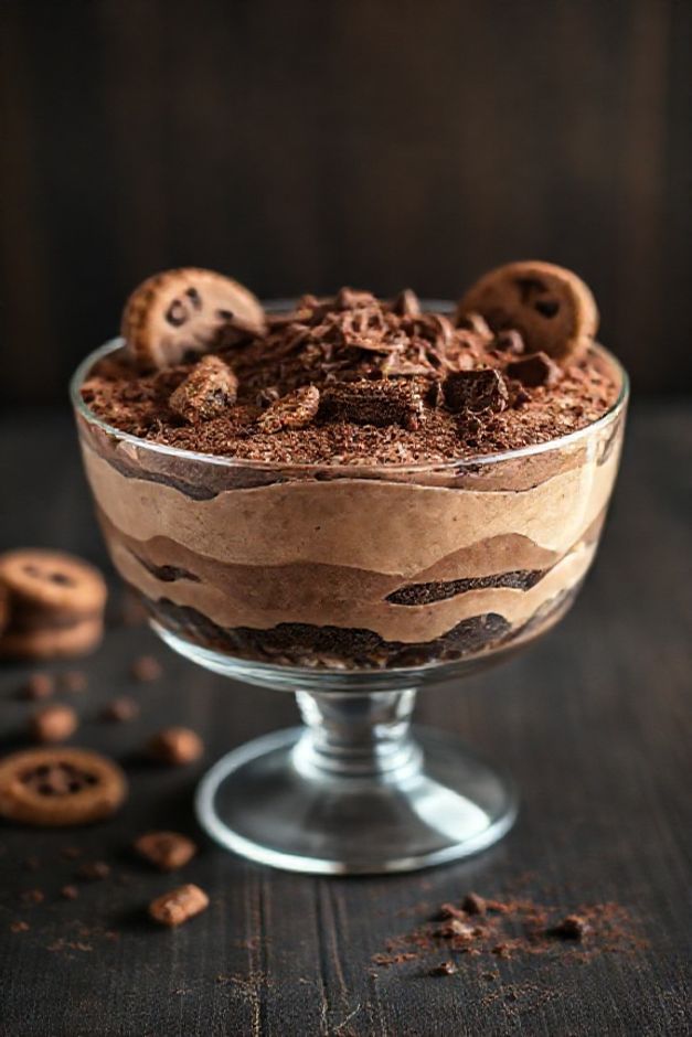 Pavê de chocolate ingredientes resultando em sobremesa cremosa com camadas perfeitas, coberta com granulado e raspas de chocolate em fundo elegante