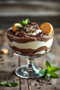 Pavê de chocolate cremoso em camadas perfeitas usando ingredientes para fazer pavê de chocolate, decorado com raspas de chocolate