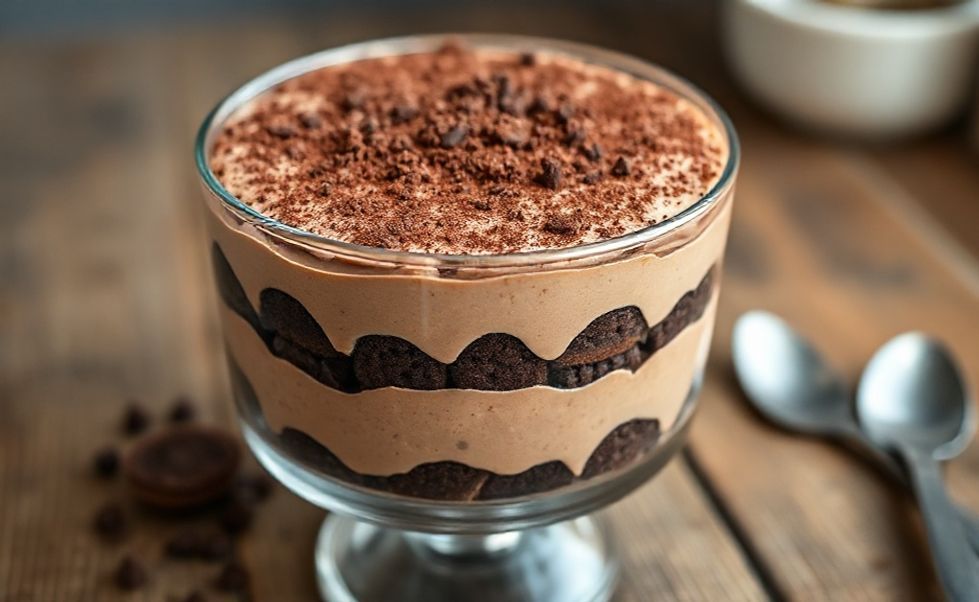 Pavê de chocolate cremoso em camadas perfeitas mostrando os ingredientes para fazer pavê bem equilibrados e textura suave