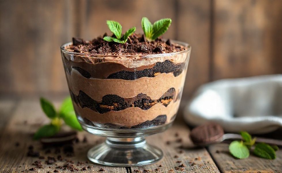 Pavê de Chocolate Rápido e Fácil servido em taça transparente mostrando camadas cremosas de chocolate e bolachas, decorado com raspas de chocolate