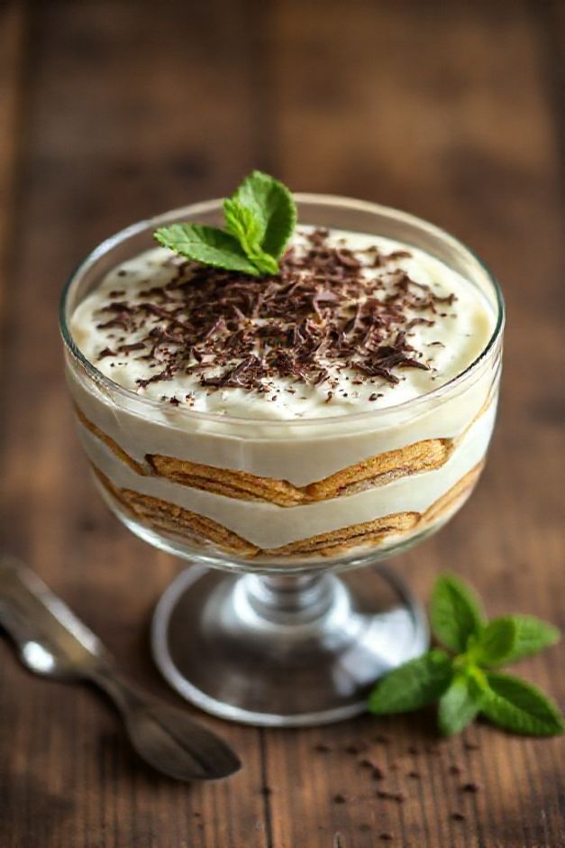 Pavê de três ingredientes servido em taça transparente mostrando camadas perfeitas de creme e biscoito, decorado com raspas de chocolate