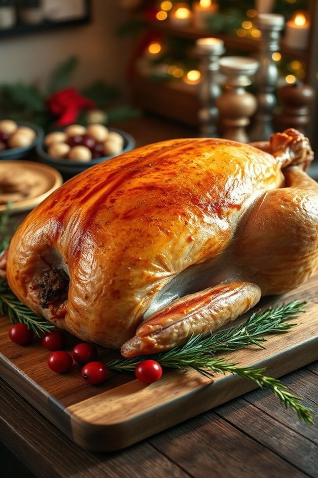 Peru de Natal assado dourado sobre tábua de madeira na cozinha natal, com pele crocante e decorado com alecrim fresco e frutas vermelhas