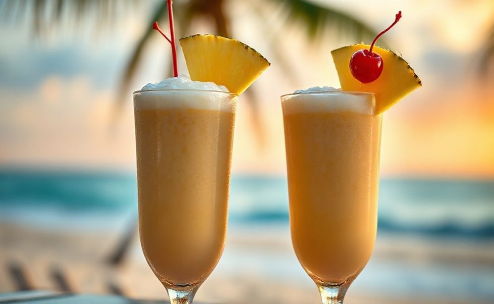 Dois copos de pina colada cremosa com fatia de abacaxi e cereja, mostrando os ingredientes da pina colada em sua apresentação tropical perfeita
