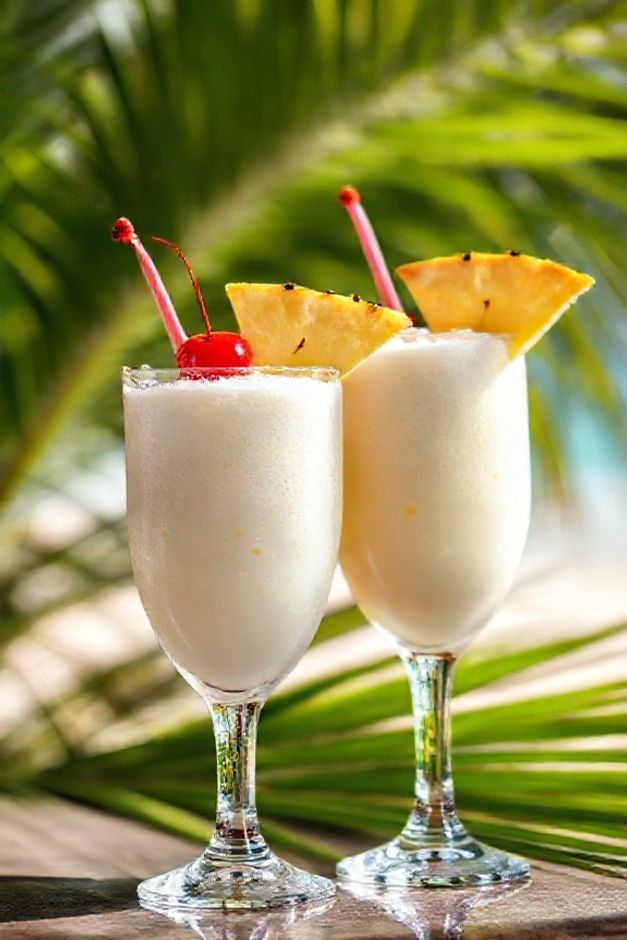 Dois copos de pina colada ingredientes cremosos decorados com abacaxi e cereja, textura suave com gotas de condensação no vidro