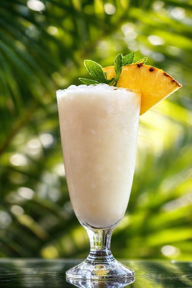 Receta de pina colada servida em copo alto com textura cremosa, decorada com fatia de abacaxi fresco e hortelã, mostrando condensação no vidro