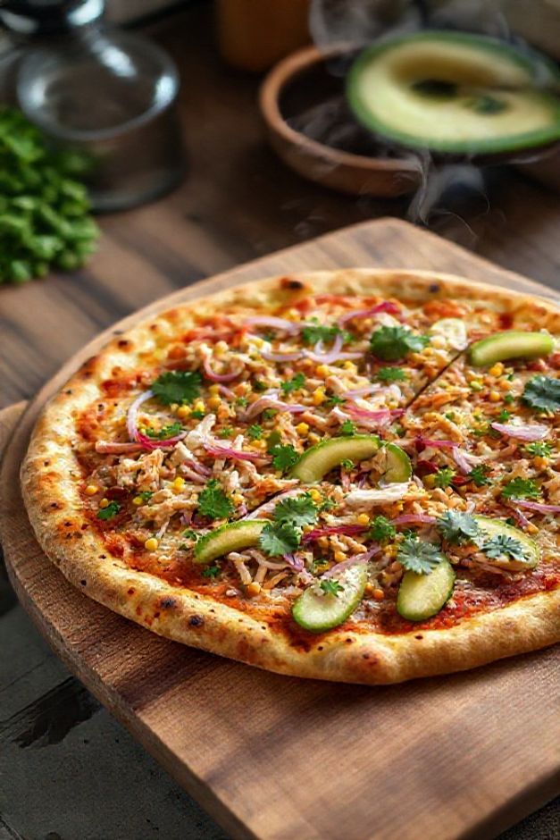 Pizza California Ingredientes recém-saída do forno com massa crocante, abacate fresco, frango desfiado, milho e coentro sobre tábua de madeira