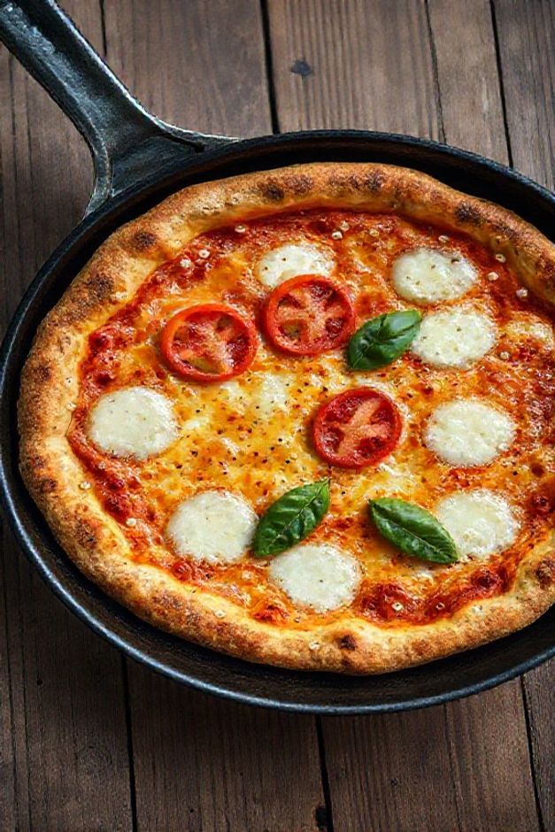Pizza com farinha de aveia na frigideira dourada e crocante, coberta com queijo derretido, tomate fresco e manjericão