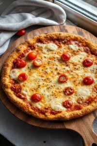Pizza de aveia de frigideira dourada com queijo derretido e tomates cereja, servida em tábua de madeira rústica
