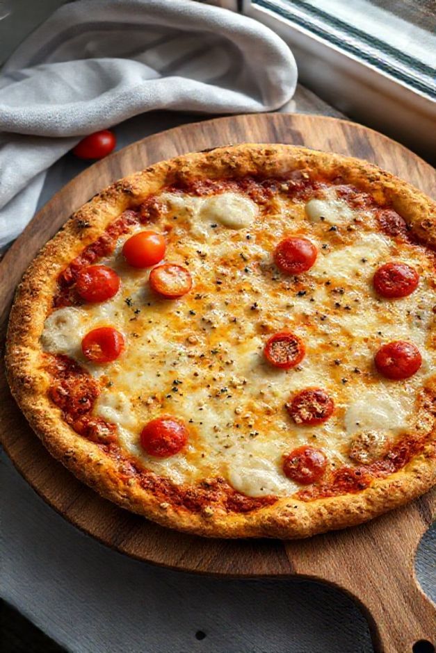 Pizza de aveia de frigideira dourada com queijo derretido e tomates cereja, servida em tábua de madeira rústica