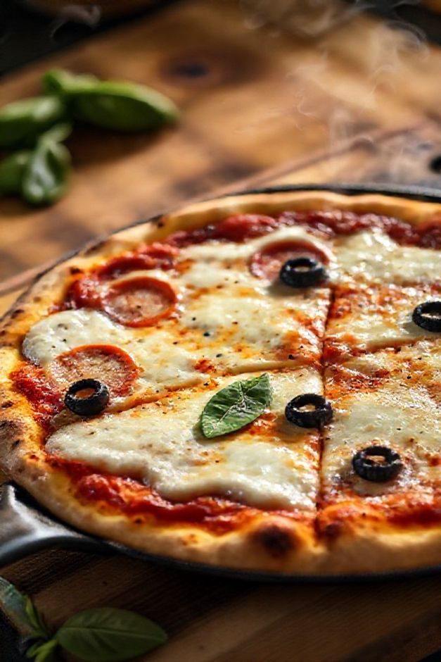 Pizza de frigideira dourada com queijo derretido, pepperoni e azeitonas sobre tábua de madeira rústica