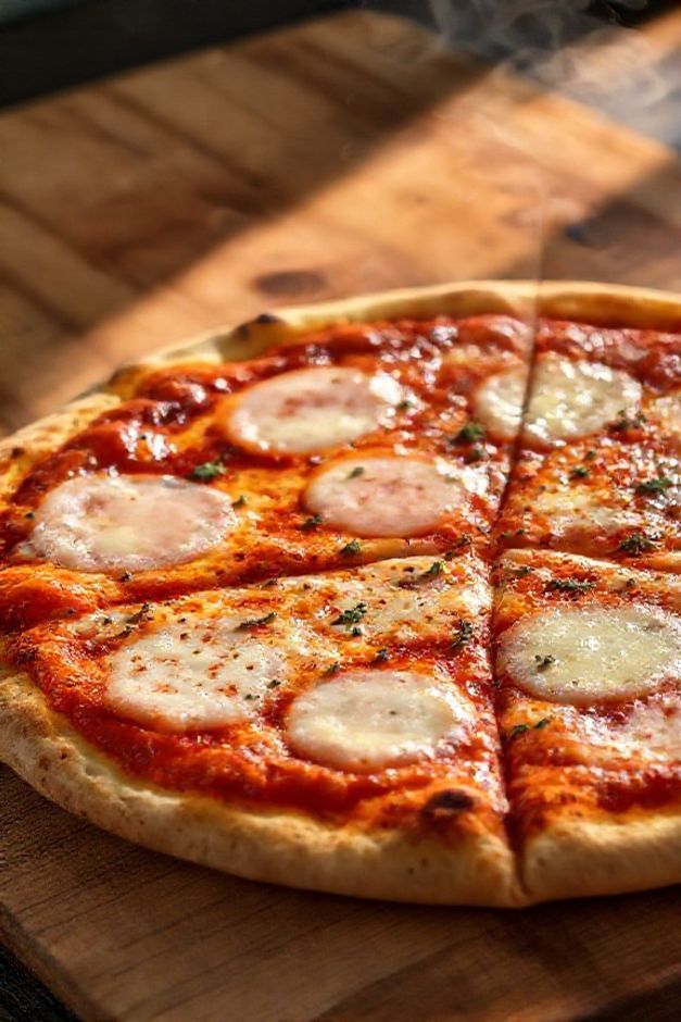 Pizza de liquidificador ingredientes recém-saída do forno com queijo derretido, presunto e orégano sobre base dourada e crocante