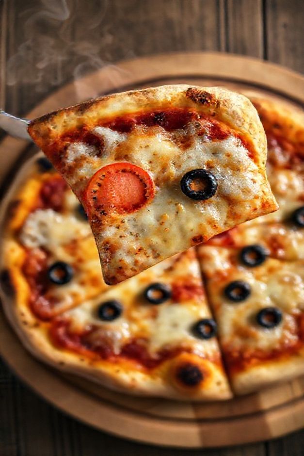 Pizza caseira feita com ingredientes para pizza de liquidificador, mostrando massa dourada crocante, queijo derretido borbulhante e cobertura fresca de tomate e azeitonas