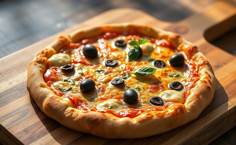 Pizza caseira dourada com queijo derretido feita com ingredientes de pizza de liquidificador, sobre tábua de madeira rústica