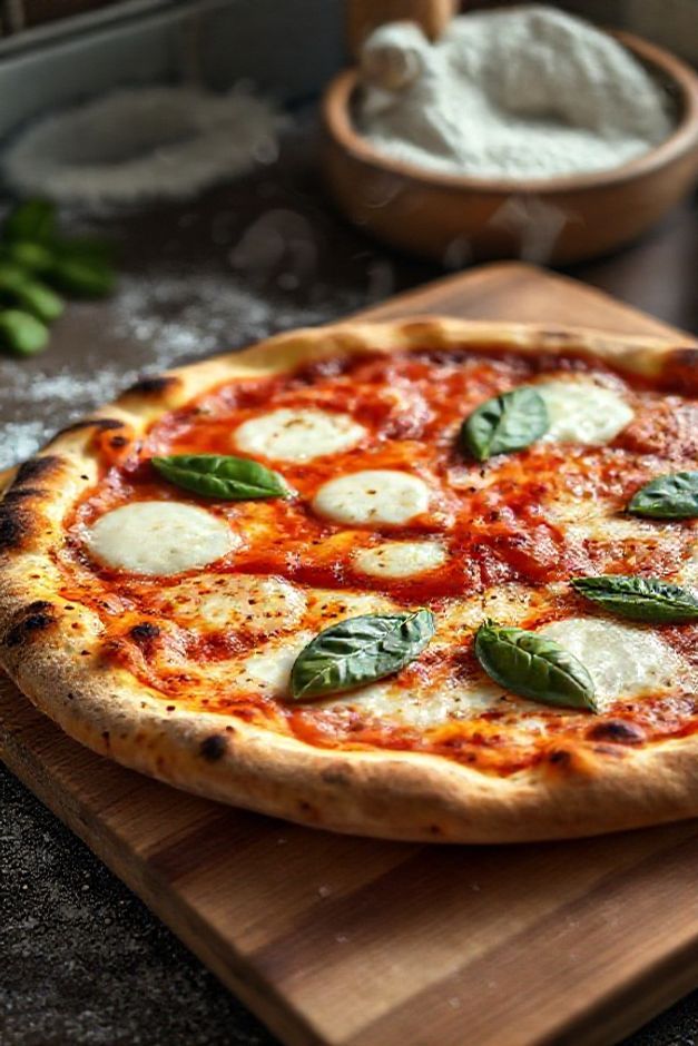 Pizza de Marguerita Ingredientes recém-saída do forno com queijo derretido, molho vermelho vibrante e folhas verdes de manjericão fresco sobre massa dourada