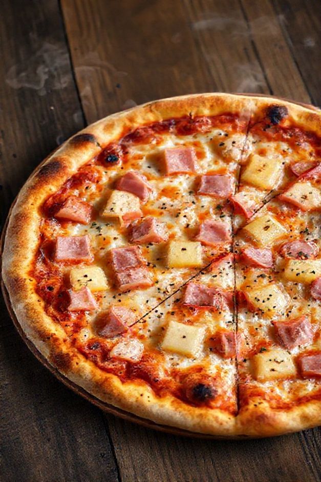 Pizza havaiana ingredientes finalizada com queijo derretido, cubos de presunto, abacaxi e cebola roxa sobre massa dourada