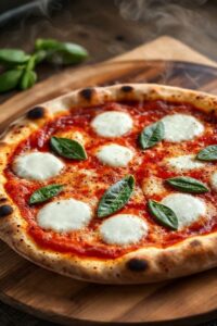 Pizza Margherita recém-saída do forno com queijo derretido, tomate fresco e manjericão sobre base crocante - pizza margherita ingredientes perfeitos