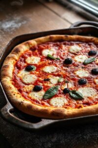 Pizza siciliana ingredientes em forma retangular com massa espessa dourada, molho de tomate caseiro, queijos derretidos e azeitonas pretas