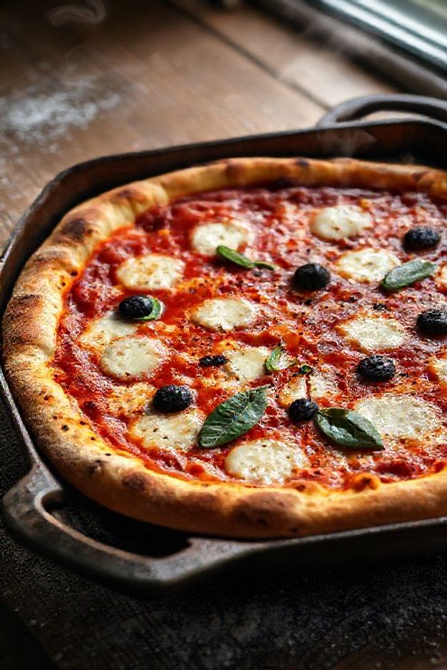 Pizza siciliana ingredientes em forma retangular com massa espessa dourada, molho de tomate caseiro, queijos derretidos e azeitonas pretas