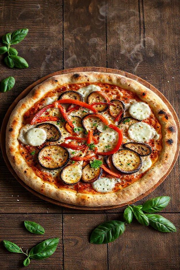 Pizza vegetariana ingredientes com massa dourada, legumes coloridos assados e queijo derretido, decorada com manjericão fresco sobre mesa rústica