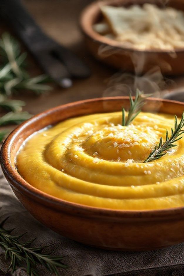 Polenta cremosa tradicional servida em tigela de cerâmica com textura aveludada e cor dourada, decorada com queijo parmesão e alecrim fresco