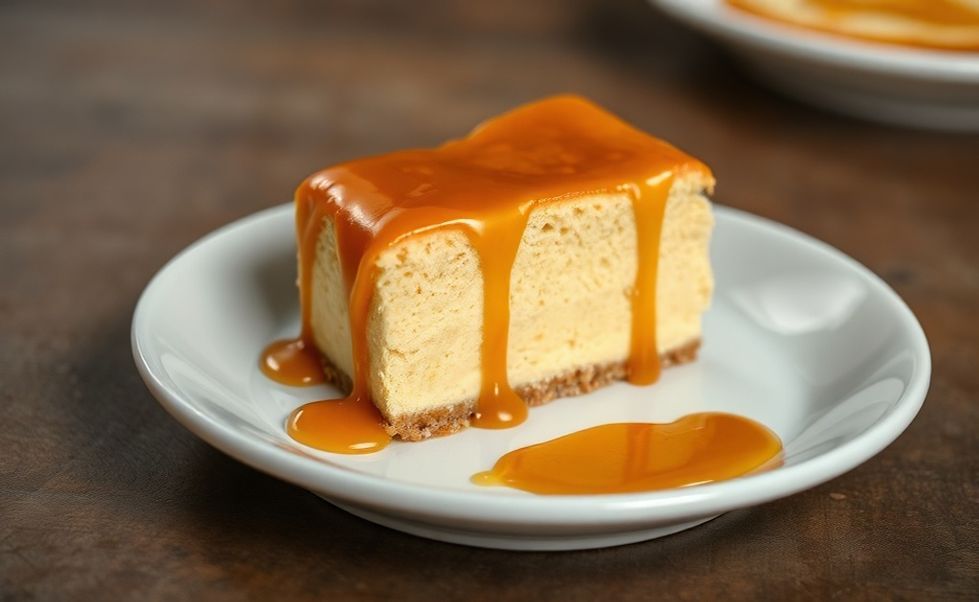 Fatia de Pudim Apenas 4 Ingredientes com caramelo dourado escorrendo, textura cremosa e lisa, servido em prato branco sobre mesa rústica