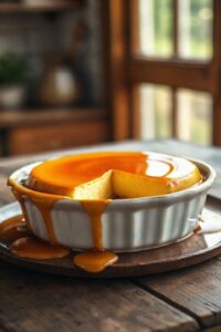 Pudim na Airfryer Cremoso desenformado perfeito com caramelo dourado escorrendo pelas bordas, textura lisa e cremosa