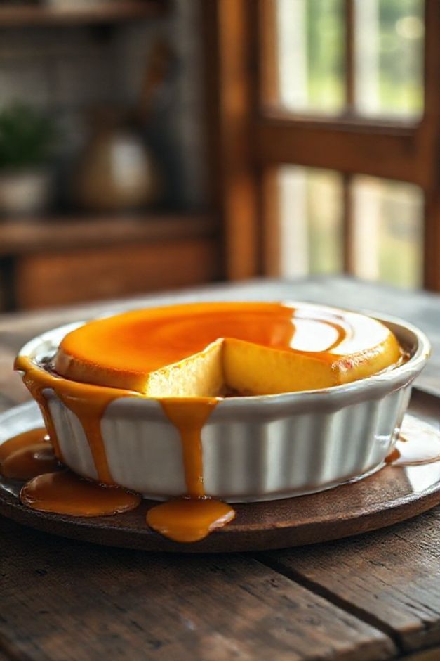 Pudim na Airfryer Cremoso desenformado perfeito com caramelo dourado escorrendo pelas bordas, textura lisa e cremosa